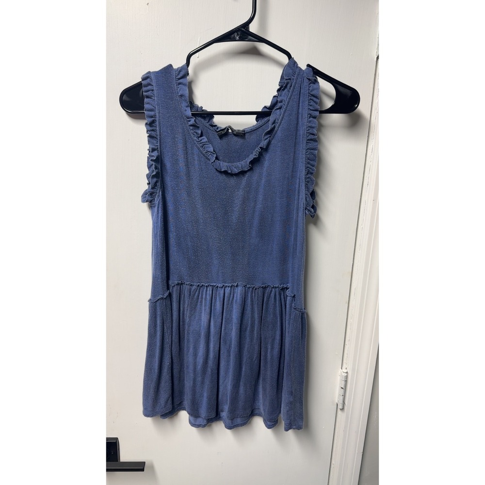 Blue Ruffle Trim Babydoll Sleeveless Tunic Top Scoop Neck Mineral Wash | Size M